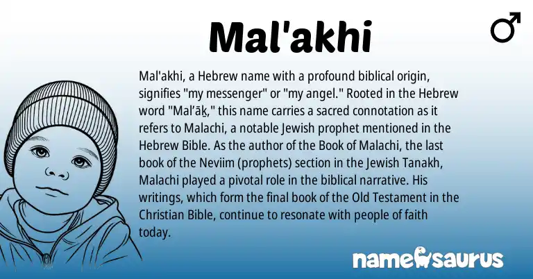 Infographic about Mal'akhi name meaning, Mal'akhi is a name from Jewish, Hebrew origin(s).