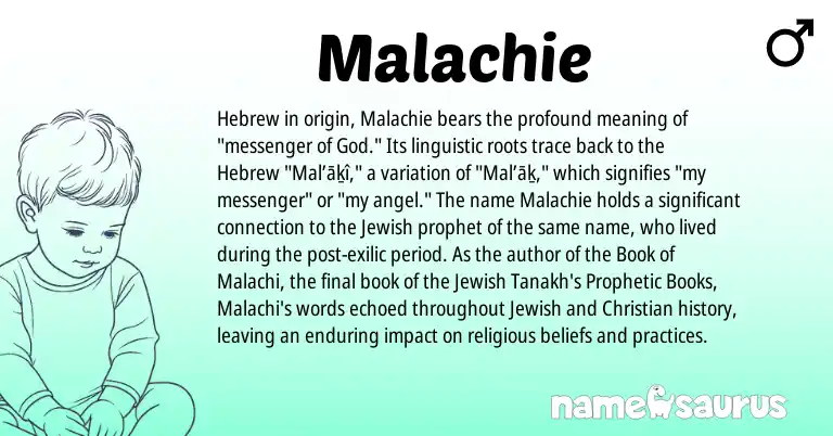 Infographic about Malachie name meaning, Malachie is a name from Jewish, Hebrew origin(s).