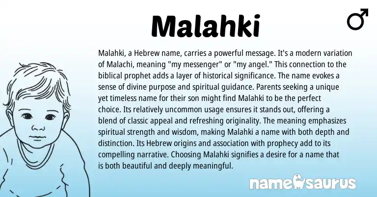 Infographic about Malahki name meaning, Malahki is a name from Hebrew origin(s).
