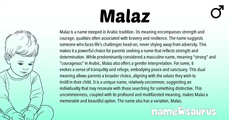 Infographic about Malaz name meaning, Malaz is a name from Arabic origin(s).