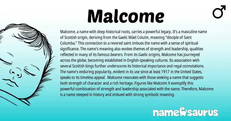 Infographic about Malcome name meaning, Malcome is a name from Scottish, Gaelic, American origin(s).