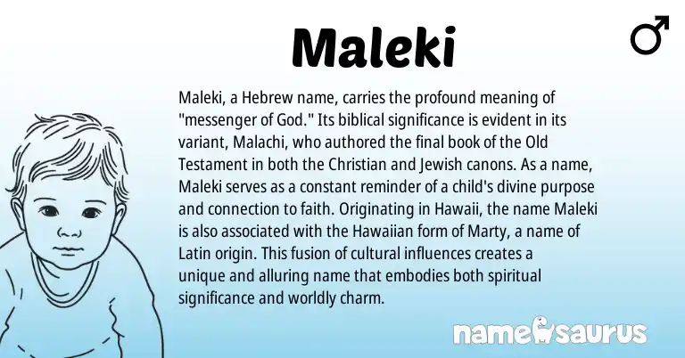 Infographic about Maleki name meaning, Maleki is a name from Jewish, Latin, Hawaiian, Hebrew origin(s).