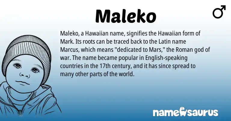 Infographic about Maleko name meaning, Maleko is a name from Roman, English, Latin, Hawaiian origin(s).