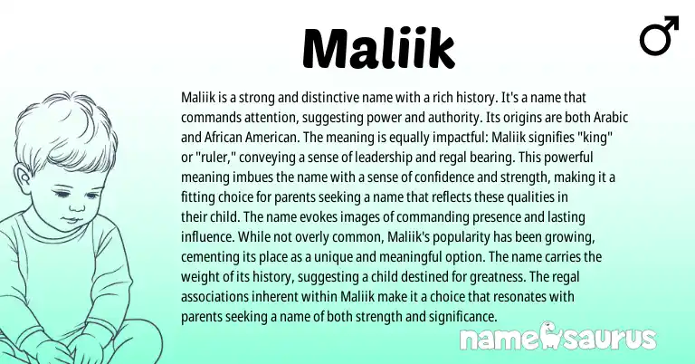 Infographic about Maliik name meaning, Maliik is a name from Arabic origin(s).