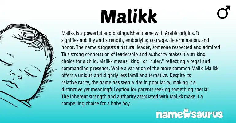 Infographic about Malikk name meaning, Malikk is a name from Arabic origin(s).