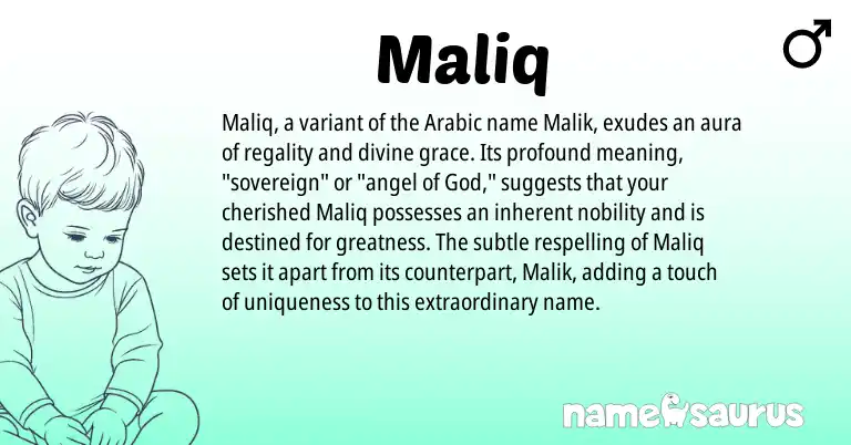 Infographic about Maliq name meaning, Maliq is a name from Arabic origin(s).