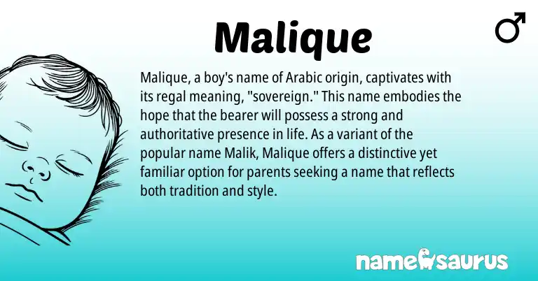 Infographic about Malique name meaning, Malique is a name from Arabic origin(s).