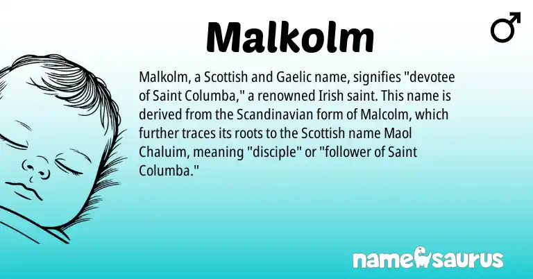 Infographic about Malkolm name meaning, Malkolm is a name from Irish, Scandinavian, Gaelic, Scottish origin(s).