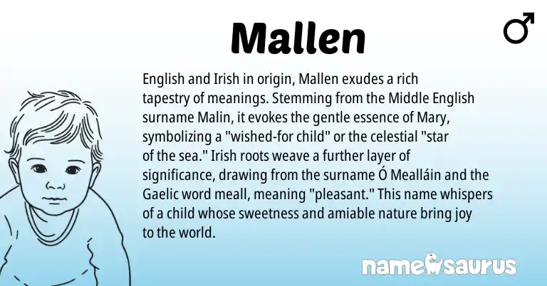 Infographic about Mallen name meaning, Mallen is a name from Irish, English, Middle English, Gaelic origin(s).
