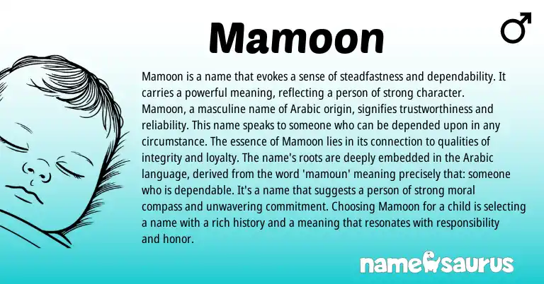 Infographic about Mamoon name meaning, Mamoon is a name from Arabic origin(s).