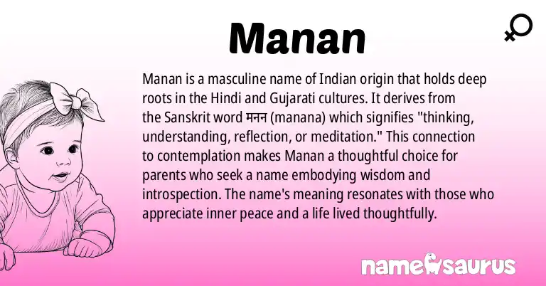Infographic about Manan name meaning, Manan is a name from Indian, Hindi, Gujarati origin(s).