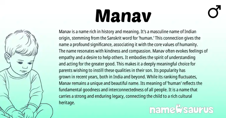 Infographic about Manav name meaning, Manav is a name from Indian, Sanskrit origin(s).