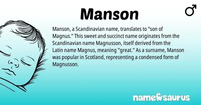 Infographic about Manson name meaning, Manson is a name from Scandinavian, Latin origin(s).