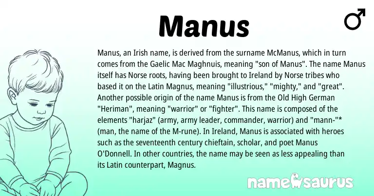 Infographic about Manus name meaning, Manus is a name from Irish, Old High German, Ireland, Gaelic, Latin, Norse origin(s).