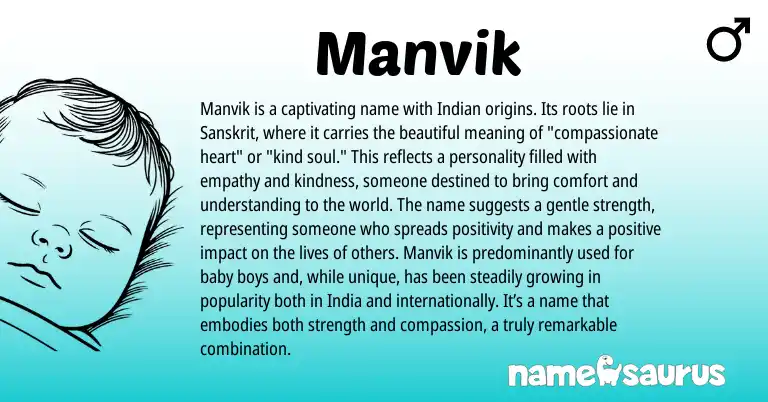 Infographic about Manvik name meaning, Manvik is a name from Indian, Sanskrit origin(s).