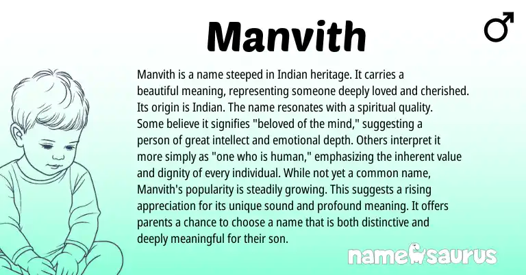 Infographic about Manvith name meaning, Manvith is a name from Indian, Sanskrit origin(s).
