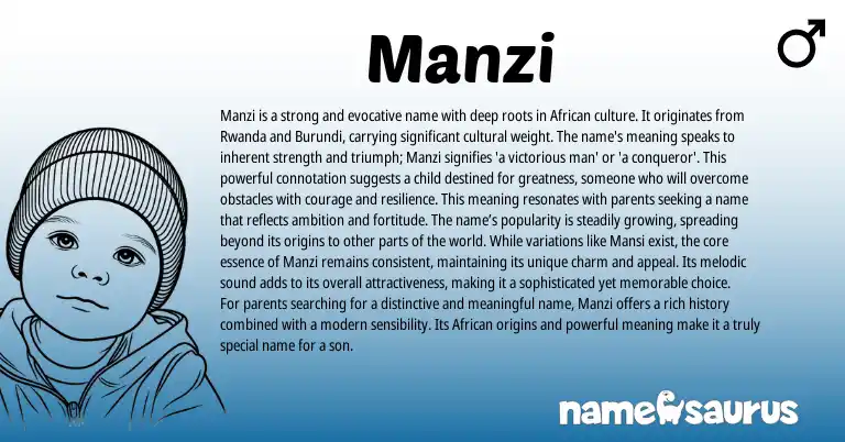 Infographic about Manzi name meaning, Manzi is a name from African, Rwandan origin(s).