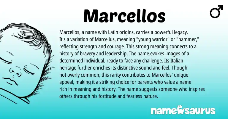 Infographic about Marcellos name meaning, Marcellos is a name from Latin origin(s).