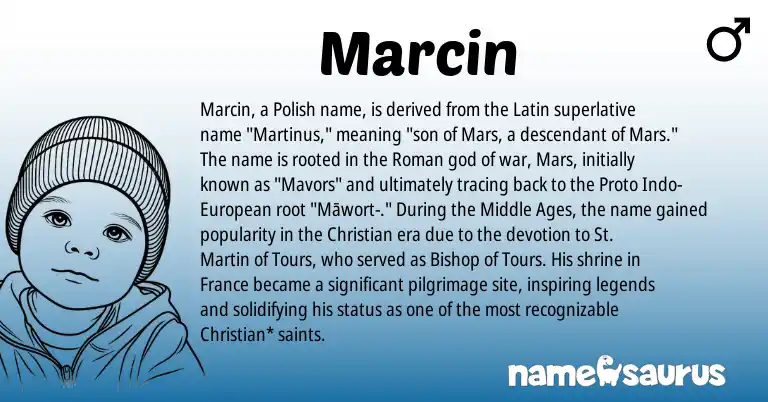 Infographic about Marcin name meaning, Marcin is a name from Roman, Polish, Latin, European origin(s).