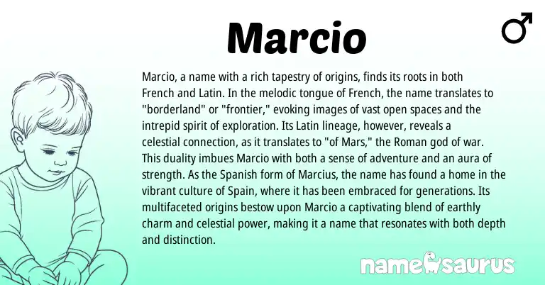Infographic about Marcio name meaning, Marcio is a name from Spanish, Spain, French, Roman, Latin origin(s).