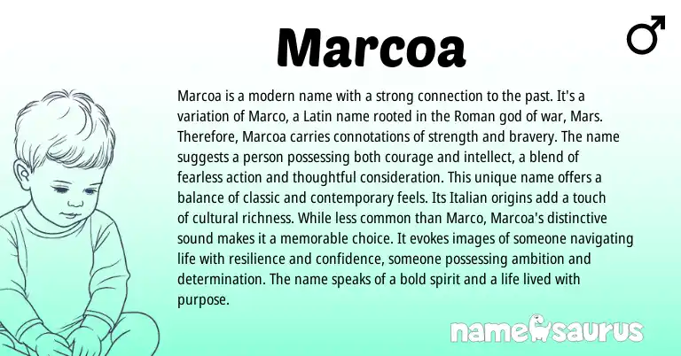 Infographic about Marcoa name meaning, Marcoa is a name from Latin, Roman origin(s).