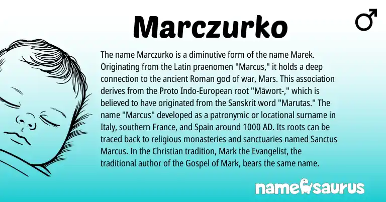 Infographic about Marczurko name meaning, Marczurko is a name from European, Spain, Roman, Latin, Sanskrit origin(s).