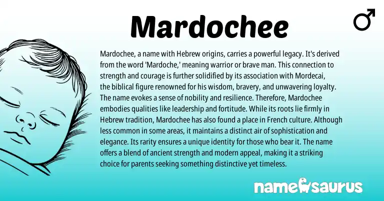 Infographic about Mardochee name meaning, Mardochee is a name from Hebrew, Biblical origin(s).