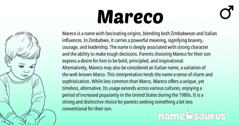 Infographic about Mareco name meaning, Mareco is a name from Zimbabwean origin(s).