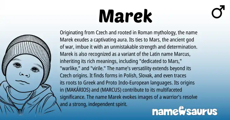 Infographic about Marek name meaning, Marek is a name from Polish, Slovak, European, Latin, Roman, Greek, Czech origin(s).