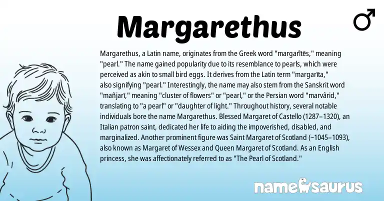 Infographic about Margarethus name meaning, Margarethus is a name from English, Persian, Latin, Greek, Sanskrit, Italian origin(s).