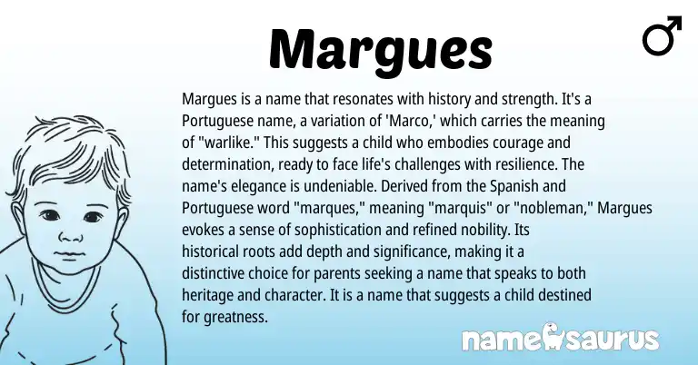 Infographic about Margues name meaning, Margues is a name from Portuguese origin(s).