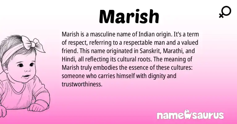 Infographic about Marish name meaning, Marish is a name from Sanskrit, Marathi, Hindi, Indian origin(s).