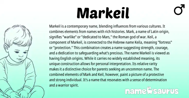 Infographic about Markeil name meaning, Markeil is a name from Latin, Hebrew, Roman origin(s).