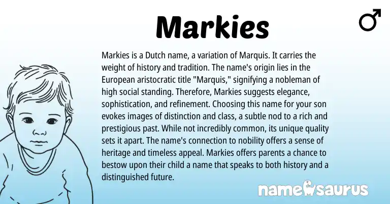 Infographic about Markies name meaning, Markies is a name from European, English, Dutch origin(s).