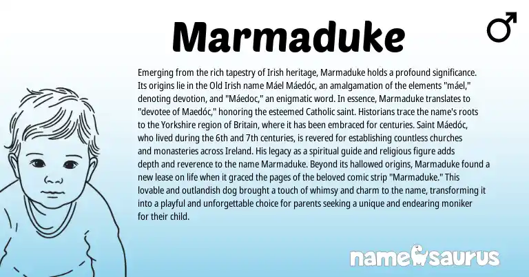 Infographic about Marmaduke name meaning, Marmaduke is a name from Irish, Ireland, Old Irish origin(s).