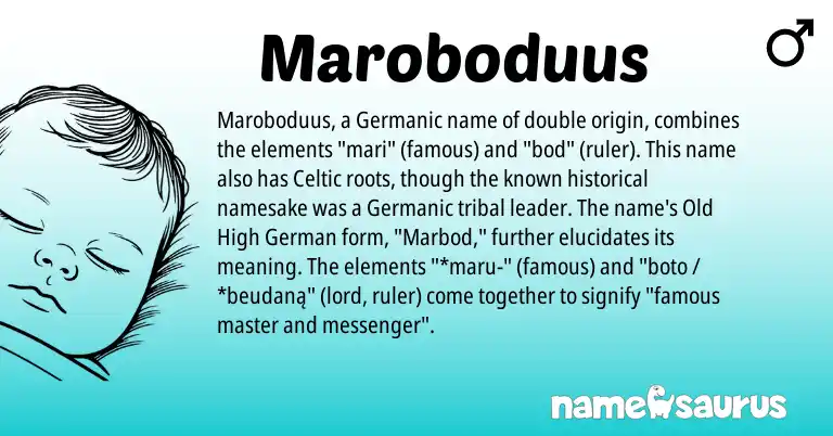 Infographic about Maroboduus name meaning, Maroboduus is a name from Old High German, Germanic, Celtic origin(s).