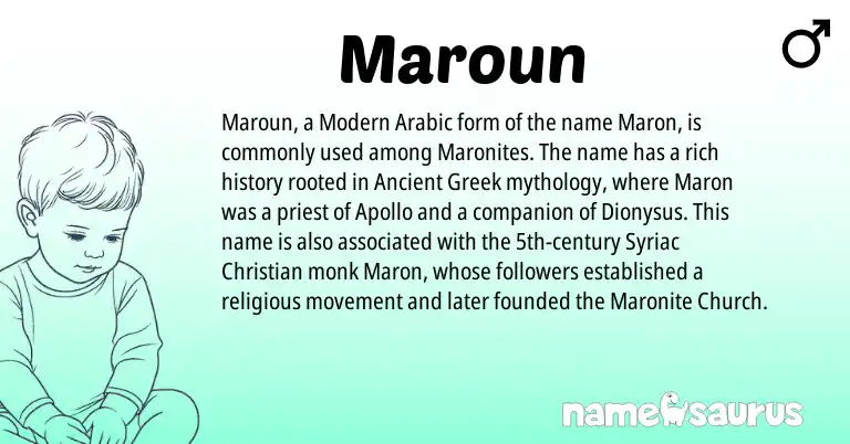 Infographic about Maroun name meaning, Maroun is a name from Ancient Greek, Arabic, Modern origin(s).