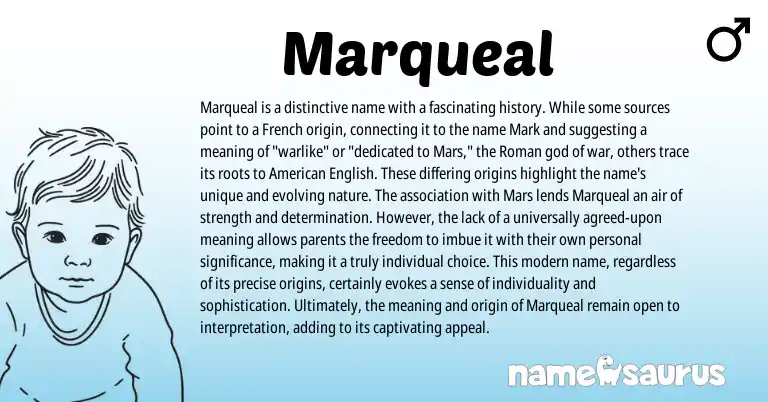 Infographic about Marqueal name meaning, Marqueal is a name from French, Roman origin(s).