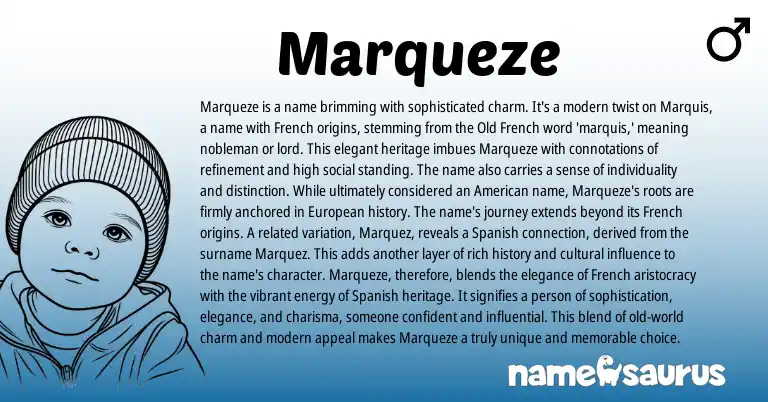 Infographic about Marqueze name meaning, Marqueze is a name from Latin, French origin(s).