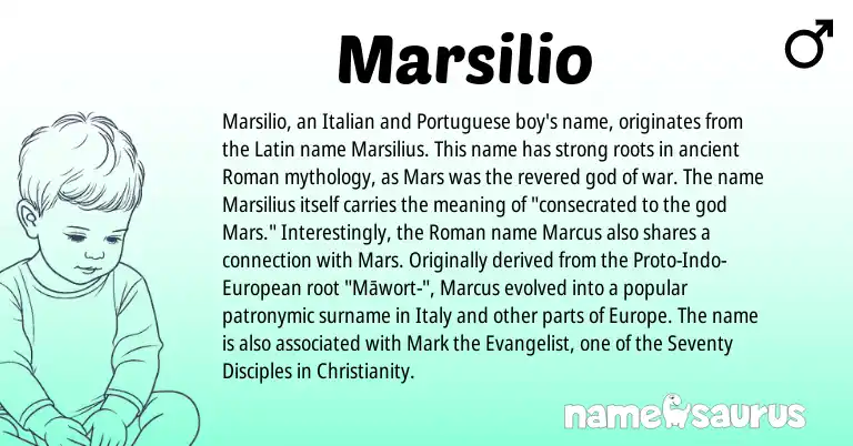 Infographic about Marsilio name meaning, Marsilio is a name from Christianity, European, Roman, Latin, Italian, Portuguese origin(s).