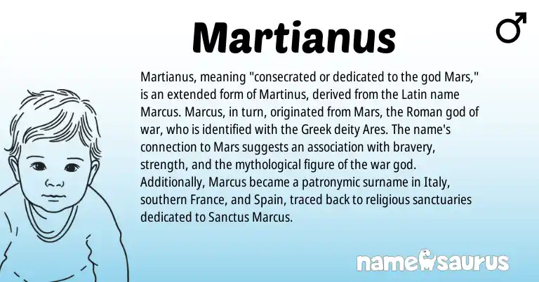 Infographic about Martianus name meaning, Martianus is a name from Roman, Latin, Spain, Greek origin(s).