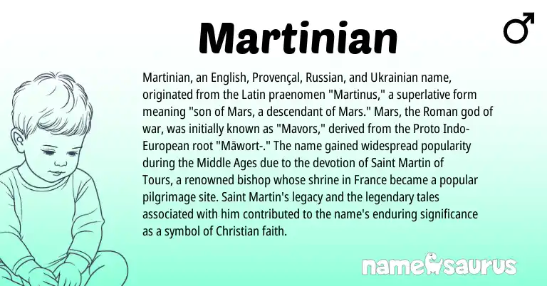 Infographic about Martinian name meaning, Martinian is a name from Ukrainian, English, Provençal, European, Russian, Latin, Roman origin(s).