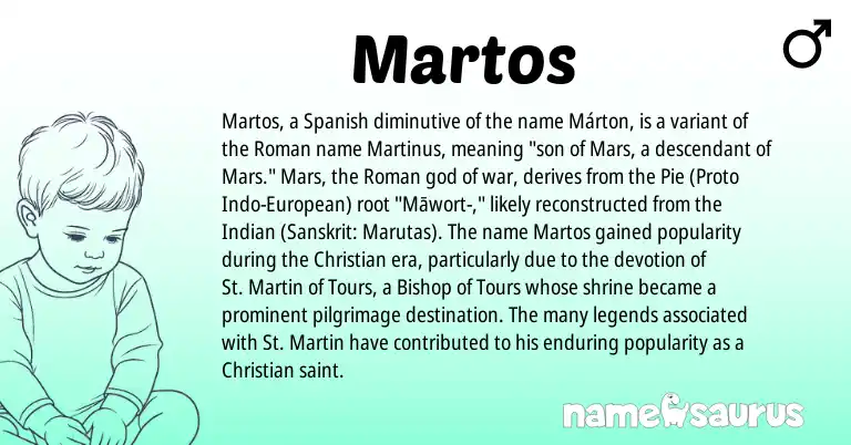 Infographic about Martos name meaning, Martos is a name from Pie, Spanish, Indian, European, Roman, Sanskrit origin(s).