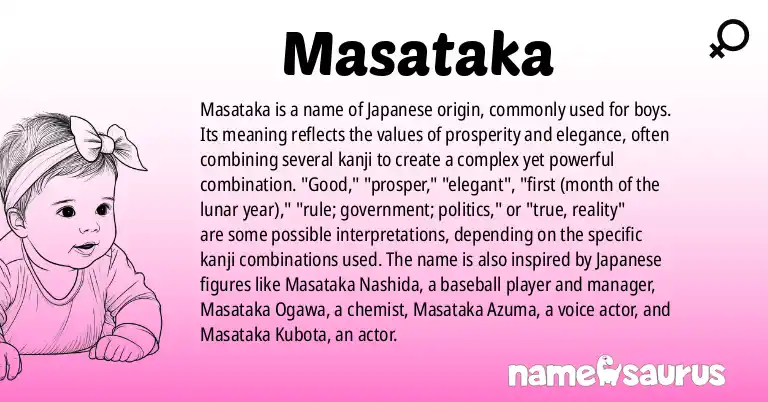 Infographic about Masataka name meaning, Masataka is a name from Japanese origin(s).