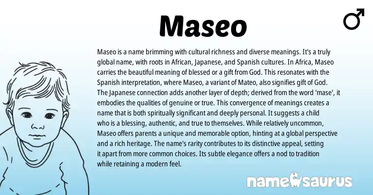 Infographic about Maseo name meaning, Maseo is a name from African, Spanish, Japanese origin(s).