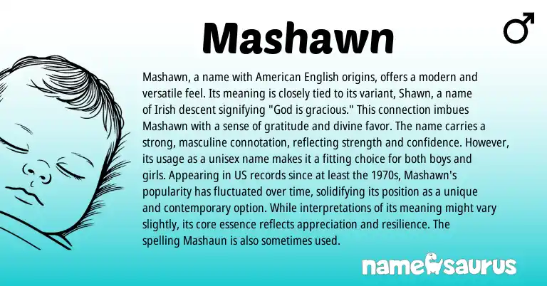 Infographic about Mashawn name meaning, Mashawn is a name from Irish origin(s).
