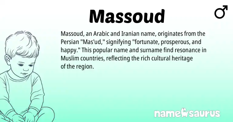 Infographic about Massoud name meaning, Massoud is a name from Iranian, Persian, Arabic, Muslim origin(s).