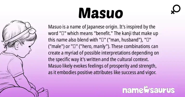 Infographic about Masuo name meaning, Masuo is a name from Japanese origin(s).