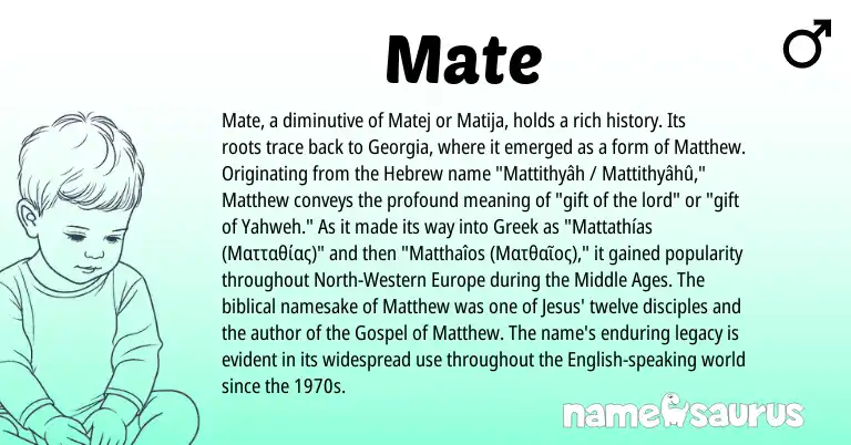 Infographic about Mate name meaning, Mate is a name from English, Hebrew, Greek origin(s).