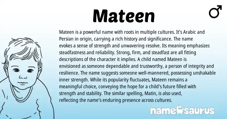 Infographic about Mateen name meaning, Mateen is a name from Afghan, Arabic origin(s).